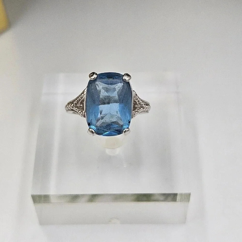 Premier Designs Vintage Silvertone Blue Crystal Rectangle Ring Size 6.5